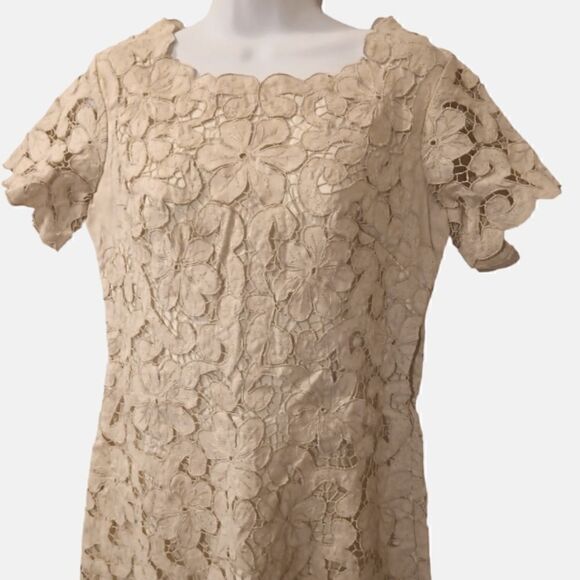 Moygashel vintage Irish linen floral cut out lace sheath dress size M - Picture 2 of 10